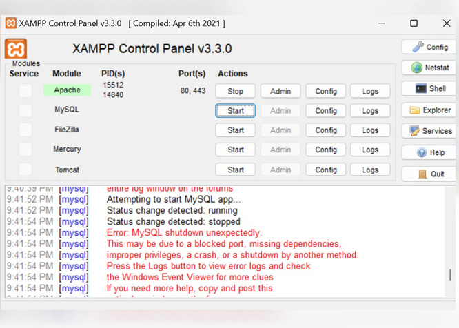 XAMPP MySQL Service Error shutdown unexpectedly 